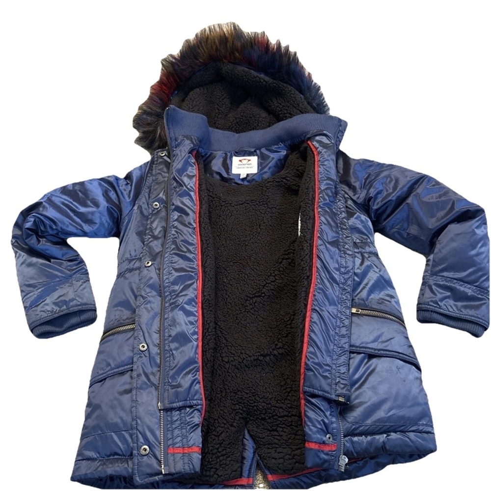 Appaman Girls Blue Shiny Middie Puffer Coat  W/colorful Faux Fur Hood Size 12 - Picture 3 of 17